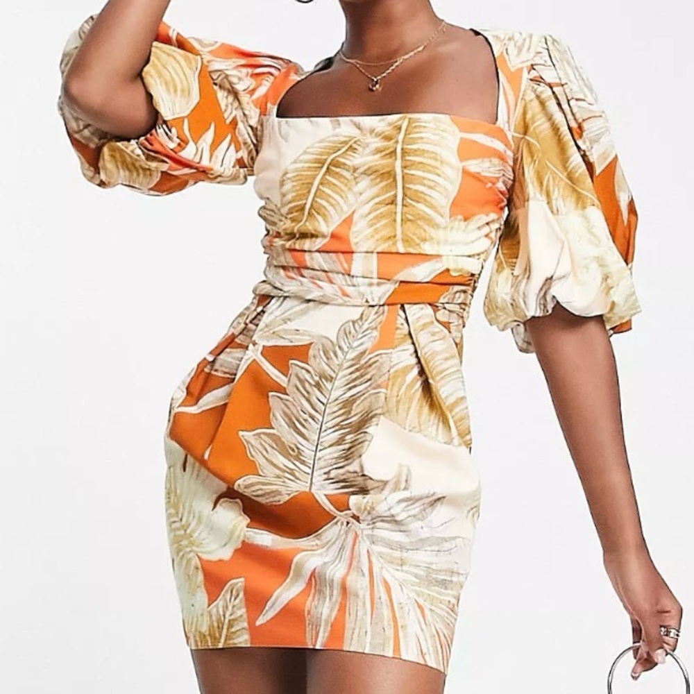 ASOS Orange Leaf-Print Square Neck Mini Dress